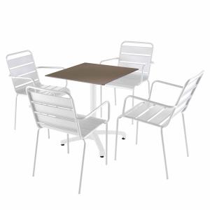 Ensemble table 70 cm taupe et 4 chaises en métal blanc