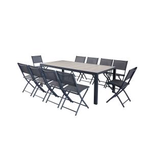 Ensemble table aluminium effet bois et 10 chaises