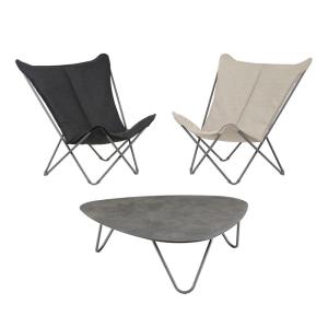 Ensemble table basse et 2 fauteuils papillon en acier gris