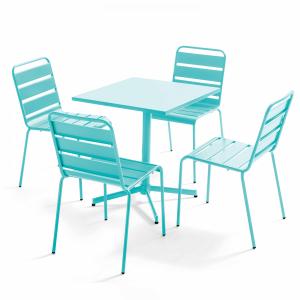 Ensemble table carré et 4 chaises en métal turquoise