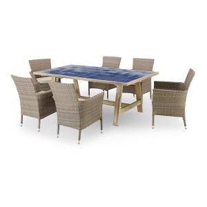 Ensemble table céramique bleue 205x105   6 chaises rotin sy…