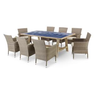 Ensemble table céramique bleue 205x105   8 chaises rotin sy…