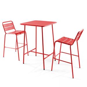 Ensemble table de bar et 2 chaises hautes en métal rouge