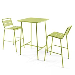 Ensemble table de bar et 2 chaises hautes en métal vert