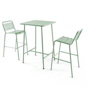 Ensemble table de bar et 2 chaises hautes en métal vert sau…