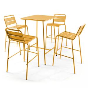 Ensemble table de bar et 4 chaises hautes en métal jaune