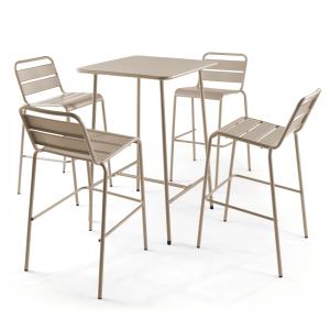 Ensemble table de bar et 4 chaises hautes en métal taupe