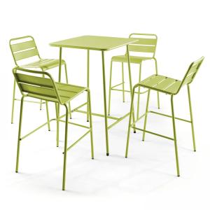 Ensemble table de bar et 4 chaises hautes en métal vert