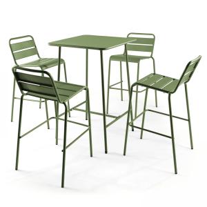 Ensemble table de bar et 4 chaises hautes en métal vert cac…