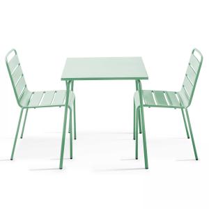 Ensemble table de jardin carrée et 2 chaises acier vert sau…