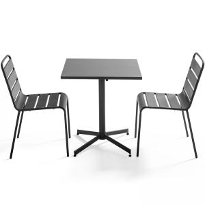 Ensemble table de jardin carrée et 2 chaises métal gris