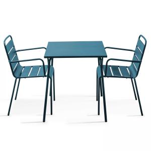 Ensemble table de jardin carrée et 2 fauteuils acier bleu p…