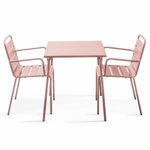 Ensemble table de jardin carrée et 2 fauteuils acier Rose p…