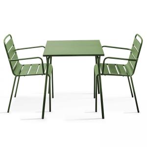 Ensemble table de jardin carrée et 2 fauteuils acier vert c…