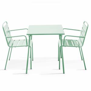 Ensemble table de jardin carrée et 2 fauteuils acier vert s…