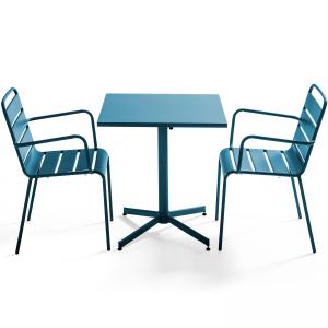 Ensemble table de jardin carrée et 2 fauteuils métal bleu p…