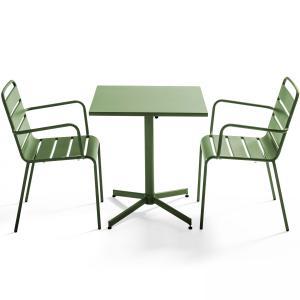 Ensemble table de jardin carrée et 2 fauteuils métal vert c…