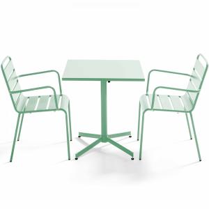 Ensemble table de jardin carrée et 2 fauteuils métal vert s…