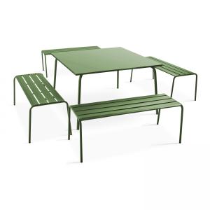 Ensemble table de jardin carrée et 4 bancs en métal vert ca…