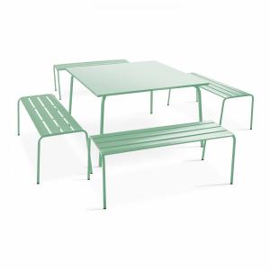 Ensemble table de jardin carrée et 4 bancs en métal vert sa…