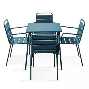 Ensemble table de jardin carrée et 4 fauteuils acier bleu p…