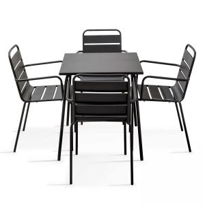 Ensemble table de jardin carrée et 4 fauteuils acier gris