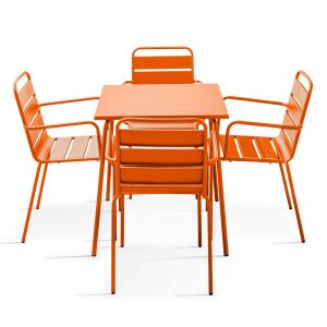 Ensemble table de jardin carrée et 4 fauteuils acier orange