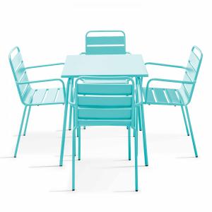 Ensemble table de jardin carrée et 4 fauteuils acier turquo…