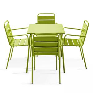 Ensemble table de jardin carrée et 4 fauteuils acier vert