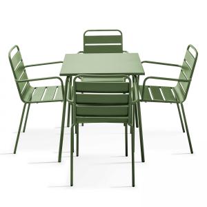 Ensemble table de jardin carrée et 4 fauteuils acier vert c…