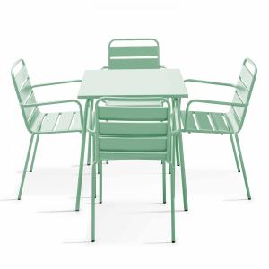 Ensemble table de jardin carrée et 4 fauteuils acier vert s…