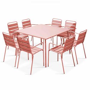 Ensemble table de jardin carrée et 8 fauteuils en métal arg…