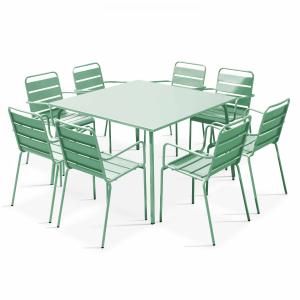 Ensemble table de jardin carrée et 8 fauteuils en métal ver…