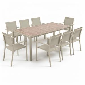 Ensemble table de jardin en aluminium effet bois et 8 faute…