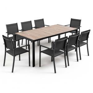 Ensemble table de jardin en aluminium effet bois et 8 faute…