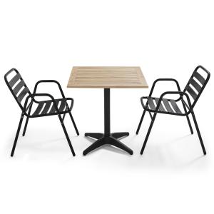 Ensemble table de jardin en bois et 2 fauteuils en aluminiu…
