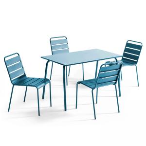 Ensemble table de jardin en métal et 4 chaises bleu pacific