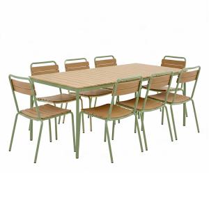 Ensemble table de jardin en métal et bois et 8 chaises vert