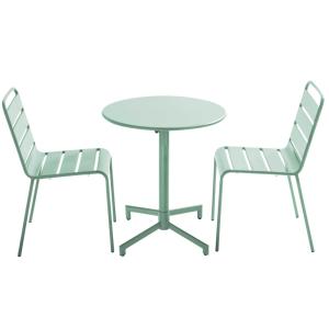 Ensemble table de jardin et 2 chaises en métal vert sauge