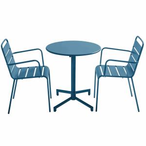 Ensemble table de jardin et 2 fauteuils en métal bleu pacif…
