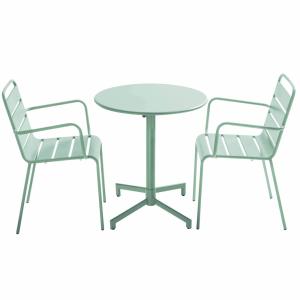 Ensemble table de jardin et 2 fauteuils en métal vert sauge
