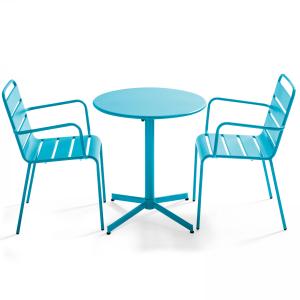 Ensemble table de jardin et 2 fauteuils métal bleu