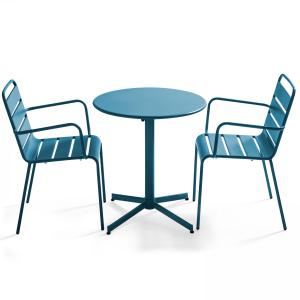 Ensemble table de jardin et 2 fauteuils métal bleu pacific