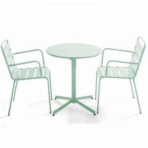 Ensemble table de jardin et 2 fauteuils métal vert sauge