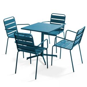 Ensemble table de jardin et 4 fauteuils en métal bleu pacif…
