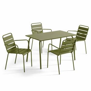 Ensemble table de jardin et 4 fauteuils en métal Vert Kaki