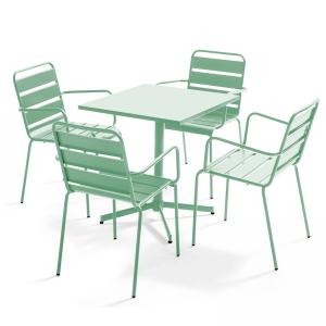 Ensemble table de jardin et 4 fauteuils en métal vert sauge