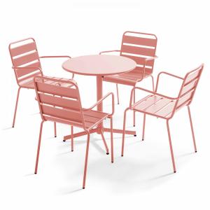 Ensemble table de jardin et 4 fauteuils métal argile