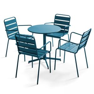 Ensemble table de jardin et 4 fauteuils métal bleu pacific