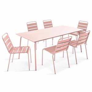 Ensemble table de jardin et 6 chaises en métal rose poudré